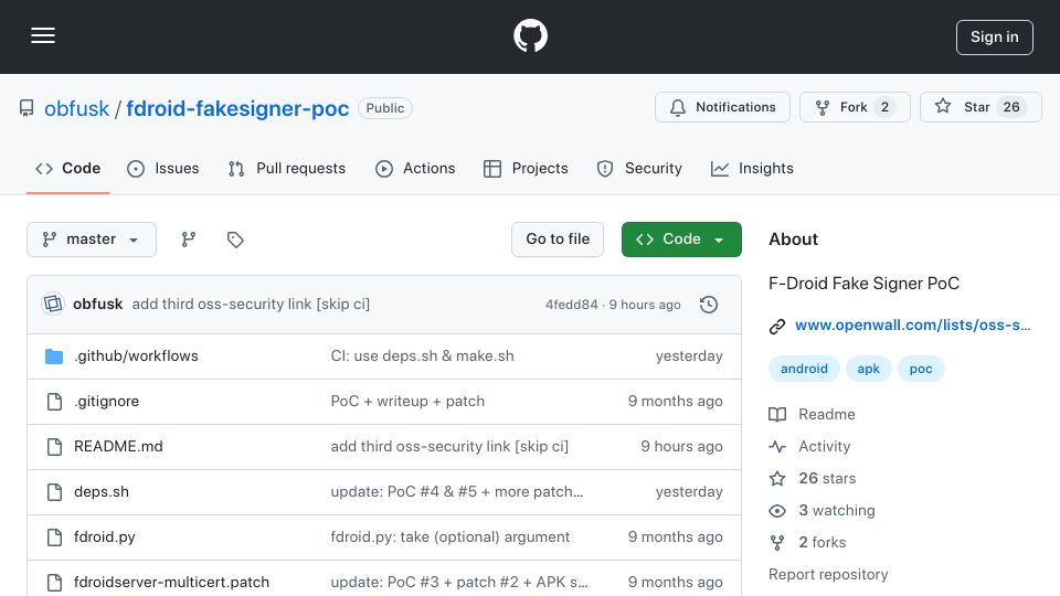 Screenshot of github.com: F-Droid Fake Signer PoC