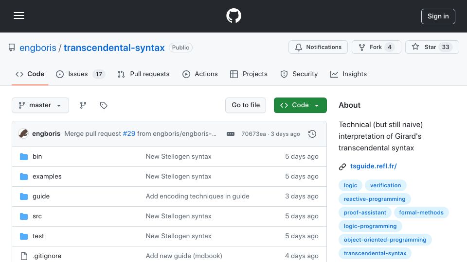 Screenshot of github.com: Transcendental Syntax