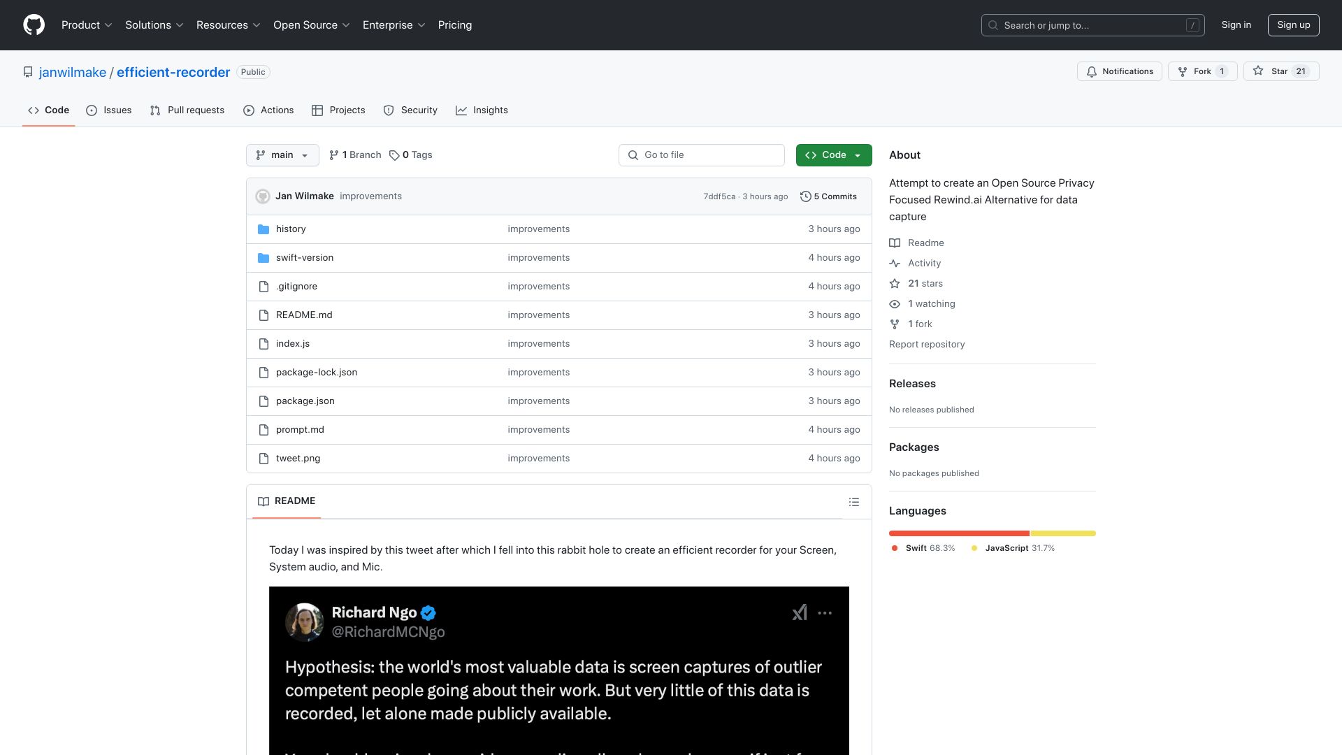 Screenshot of github.com: Show HN: Open Rewind – POC for audio and screen and video streaming to S3