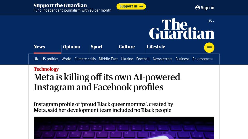 Screenshot of theguardian.com: Meta is killing off its AI-powered Instagram and Facebook profiles