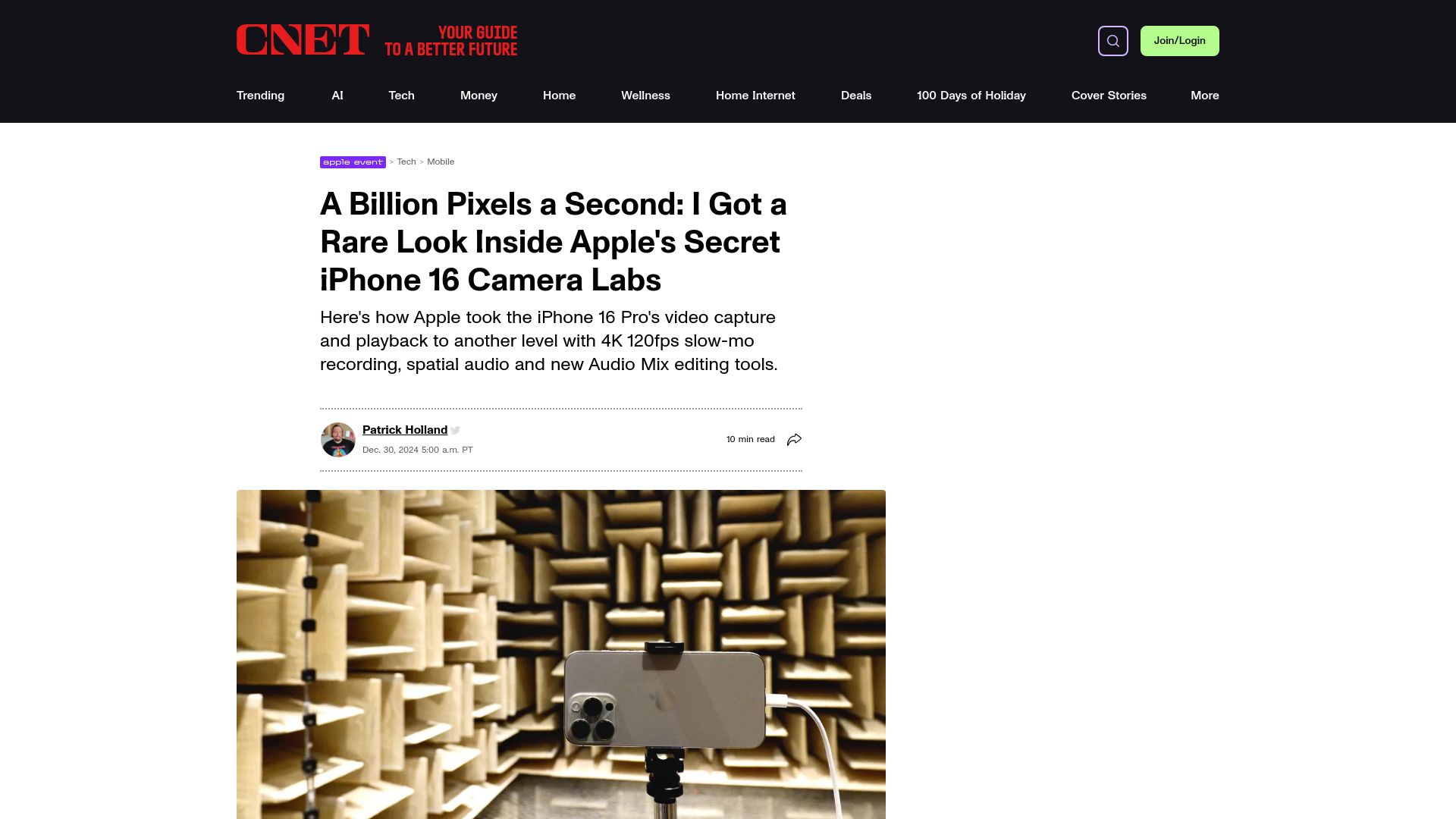 Screenshot of cnet.com: A Billion Pixels a Second: Inside Apple's iPhone 16 Camera Labs