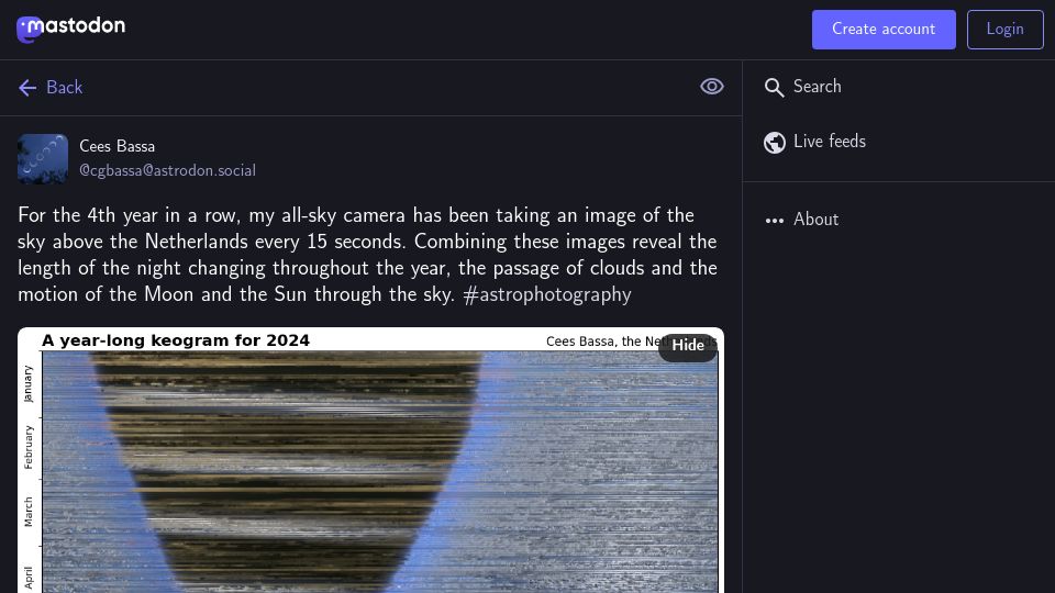 Screenshot of astrodon.social: Combining 15s interval whole-sky-camera photos to form a 4y spanning keogram