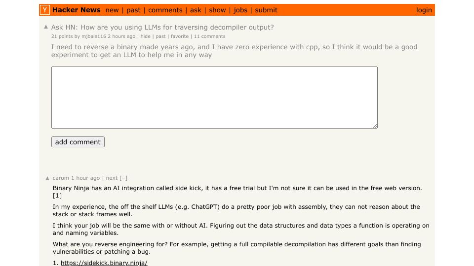 Screenshot of Hacker News post: Ask HN: How are you using LLMs for traversing decompiler output?