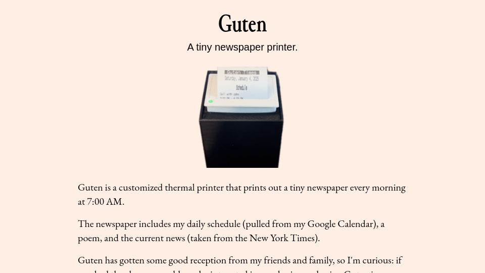 Screenshot of amanvir.com: Guten: A Tiny Newspaper Printer