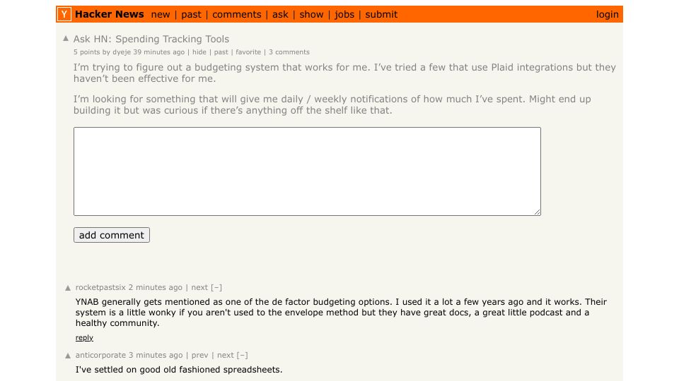 Screenshot of Hacker News post: Ask HN: Spending Tracking Tools