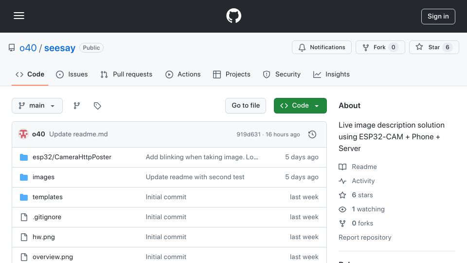 Screenshot of github.com: Show HN: I created a PoC for live descriptions of the surroundings for the blind