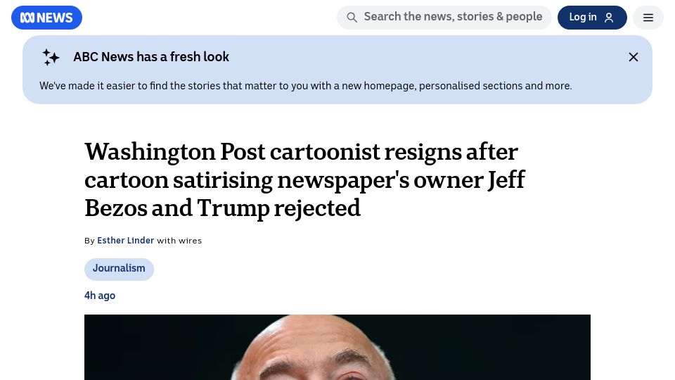 Screenshot of abc.net.au: Washington Post cartoonist resigns after cartoon satirising Jeff Bezos rejected