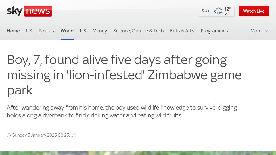 Screenshot of news.sky.com: Boy, 7, found alive five days after going missing in 'lion-infested' game park