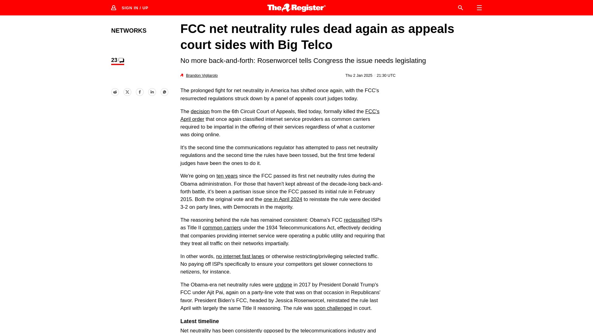 Screenshot of theregister.com: FCC net neutrality rules dead again as appeals court sides with Big Telco