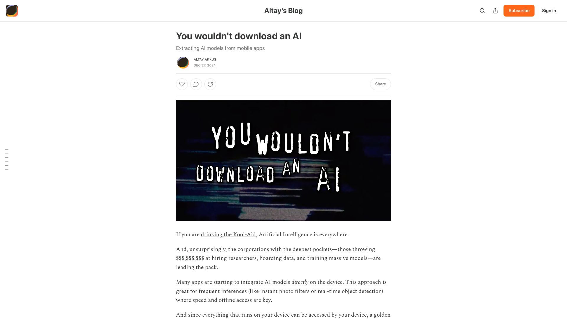 Screenshot of altayakkus.substack.com: Extracting AI models from mobile apps