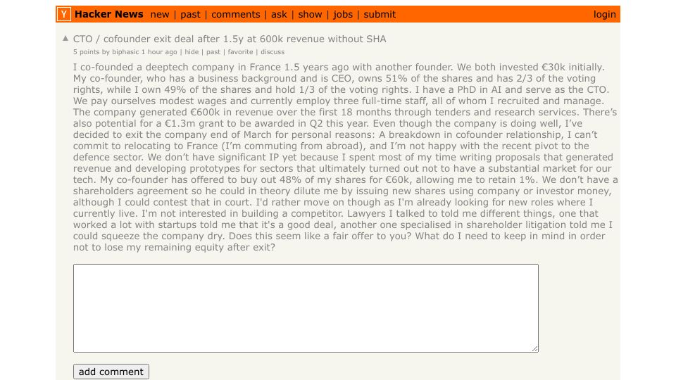 Screenshot of Hacker News post: CTO / cofounder exit deal after 1.5y at 600k revenue without SHA
