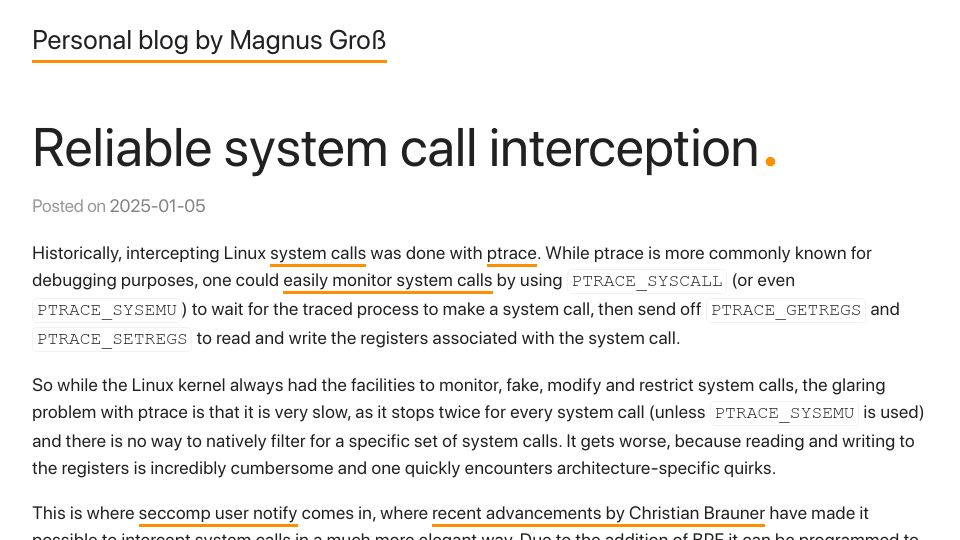 Screenshot of blog.mggross.com: Reliable system call interception