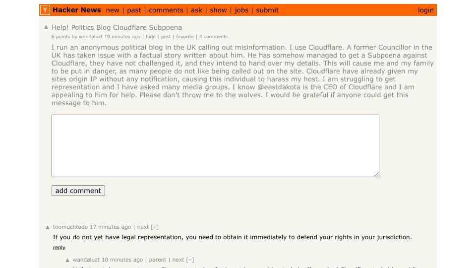 Screenshot of Hacker News post: Help! Politics Blog Cloudflare Subpoena