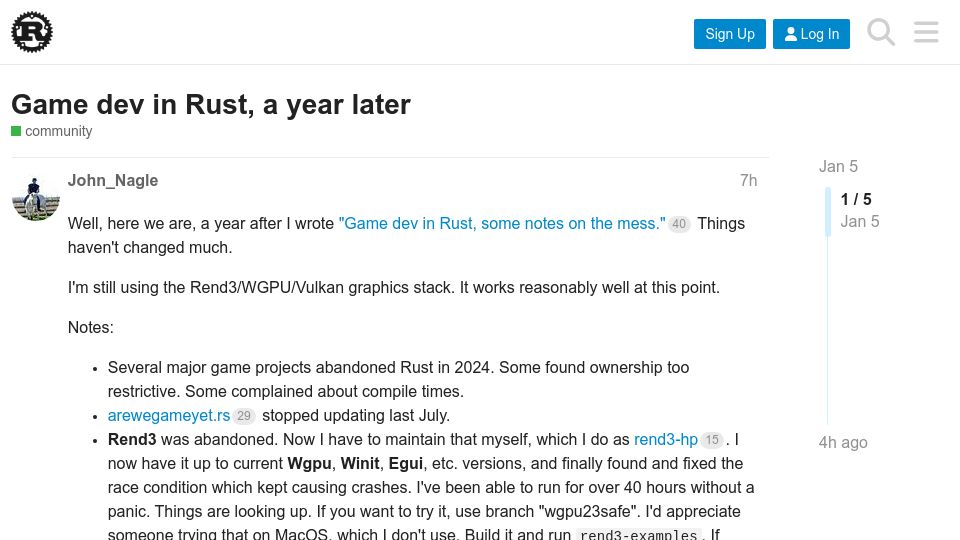 Screenshot of users.rust-lang.org: Game dev in Rust: a year later