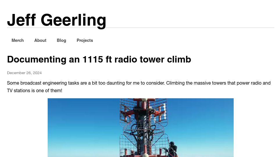 Screenshot of jeffgeerling.com: Documenting an 1115 ft radio tower climb