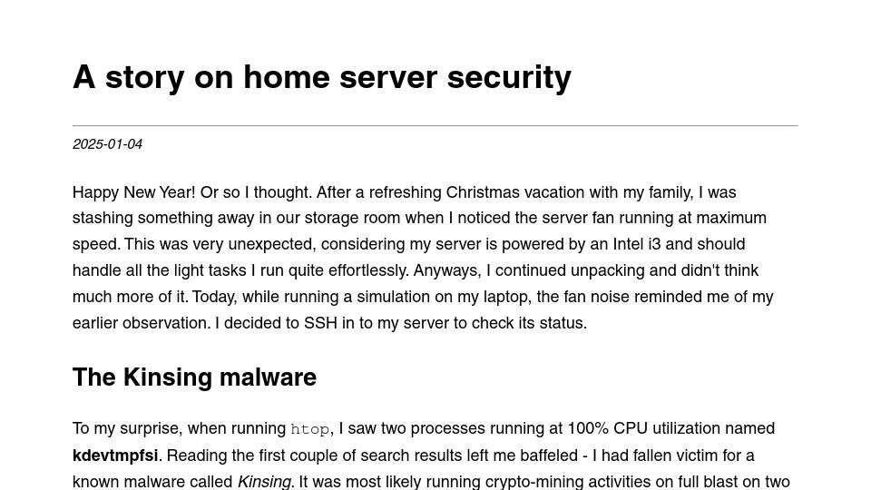 Screenshot of raniseth.com: A story on home server security