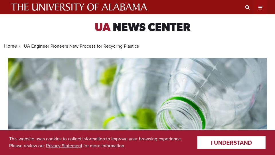 Screenshot of news.ua.edu: University of Alabama Engineer Pioneers New Process for Recycling Plastics