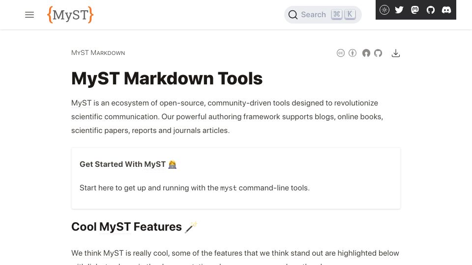 Screenshot of mystmd.org: Myst Markdown – Markdown for technical/scientific document