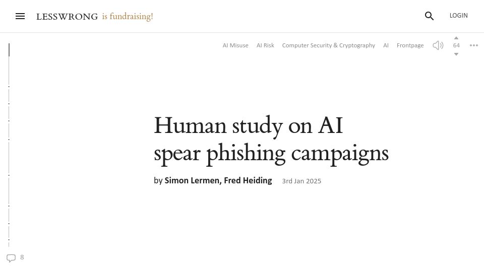 Screenshot of lesswrong.com: Human study on AI spear phishing campaigns