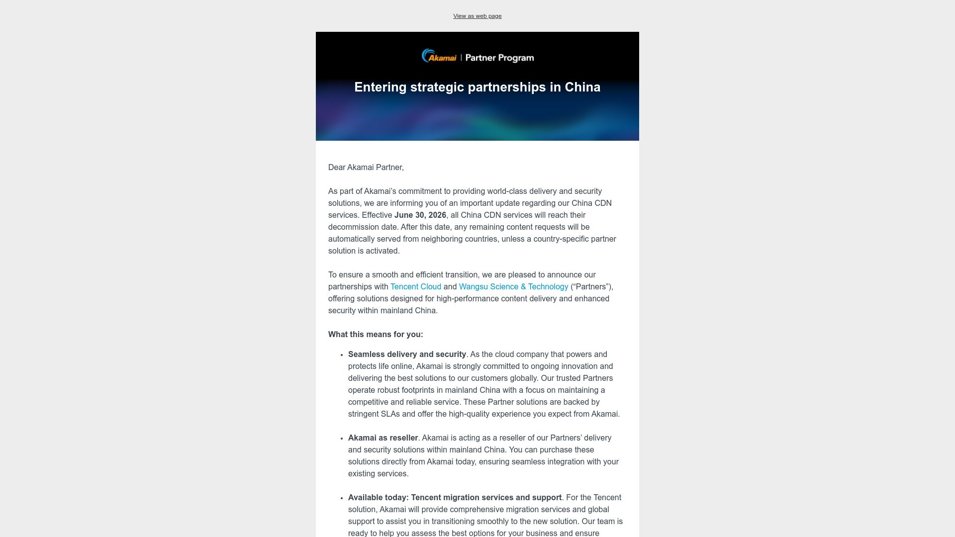 Screenshot of content.akamai.com: Akamai to shut down its CDN operations in China