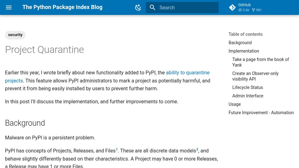 Screenshot of blog.pypi.org: PyPI Blog: Project Quarantine