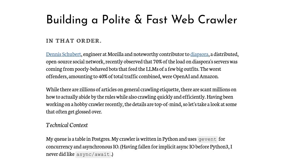 Screenshot of cameronboehmer.com: Crawling More Politely Than Big Tech