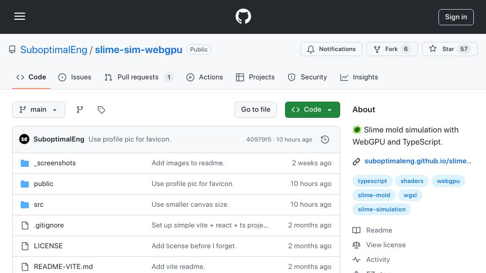 Screenshot of github.com: Show HN: WebGPU + TypeScript Slime Mold