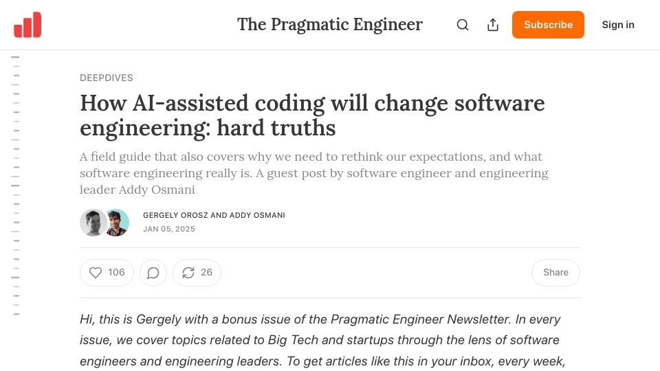 Screenshot of newsletter.pragmaticengineer.com: AI-assisted coding will change software engineering: hard truths