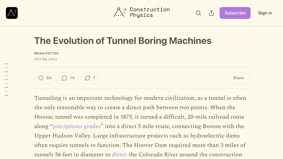 Screenshot of construction-physics.com: The Evolution of Tunnel Boring Machines (2023)