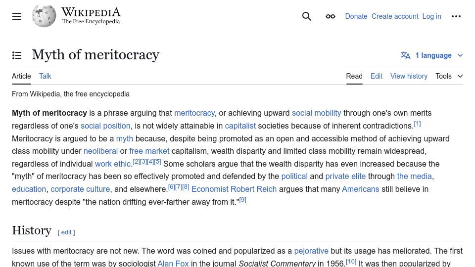 Screenshot of en.wikipedia.org: Myth of Meritocracy