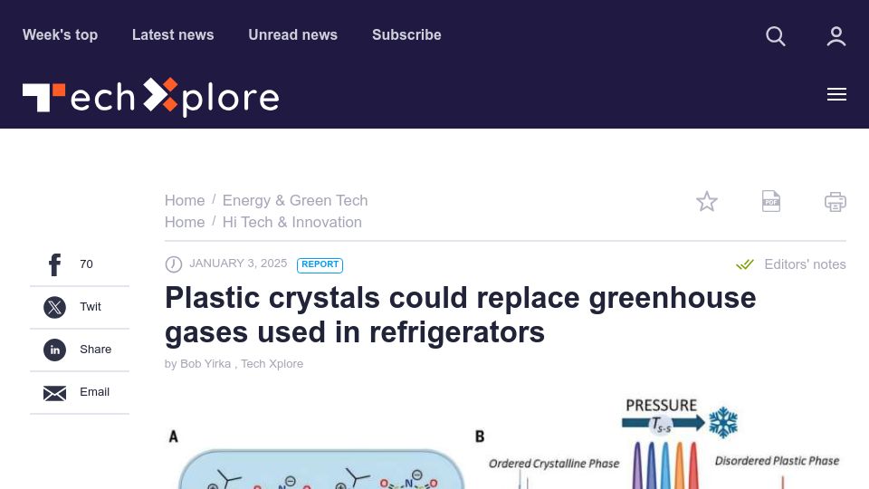 Screenshot of techxplore.com: Plastic crystals could replace greenhouse gases used in refrigerators