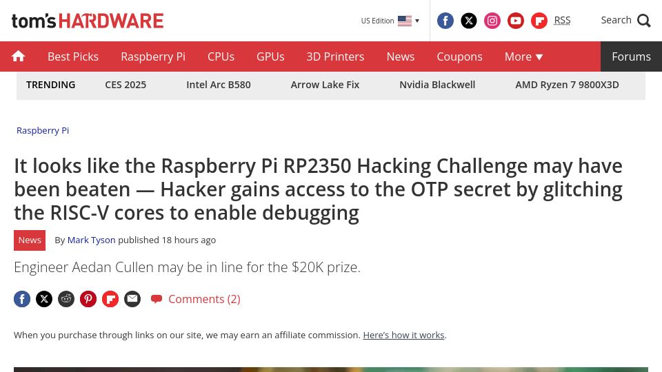 Screenshot of tomshardware.com: Hacker gains access to the RP2350 OTP secret by glitching the RISC-V cores