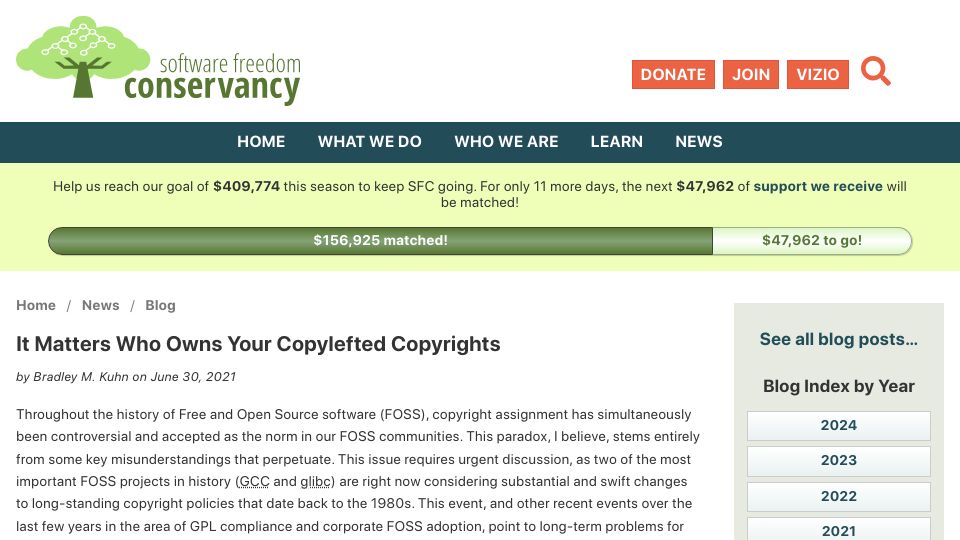 Screenshot of sfconservancy.org: It Matters Who Owns Your Copylefted Copyrights (2021)