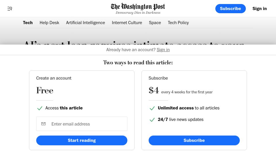 Screenshot of washingtonpost.com: AI's next leap requires intimate access to your digital life