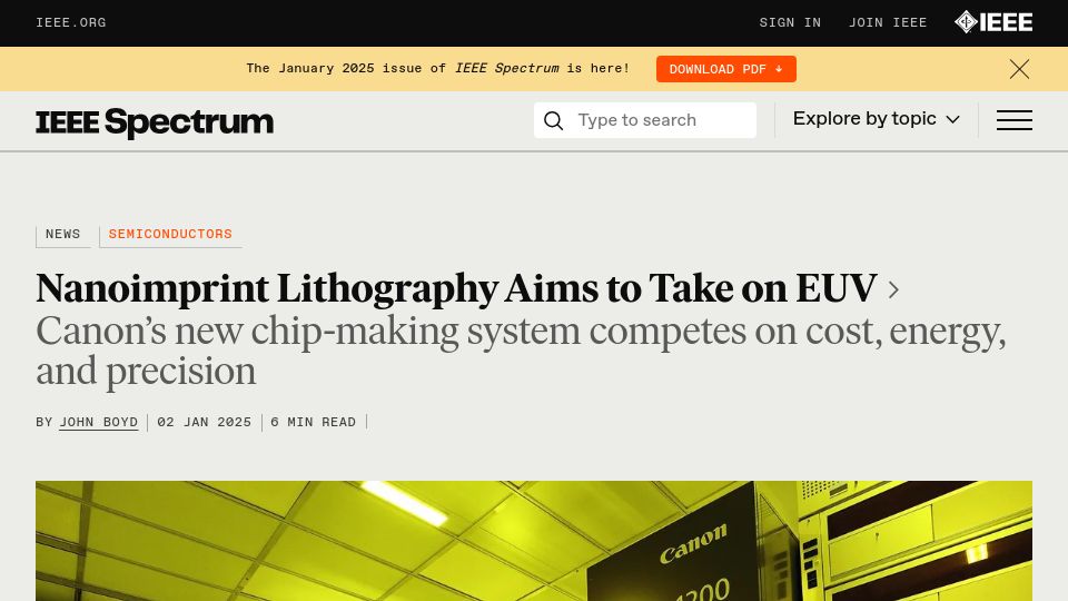 Screenshot of spectrum.ieee.org: Nanoimprint Lithography Aims to Take on EUV
