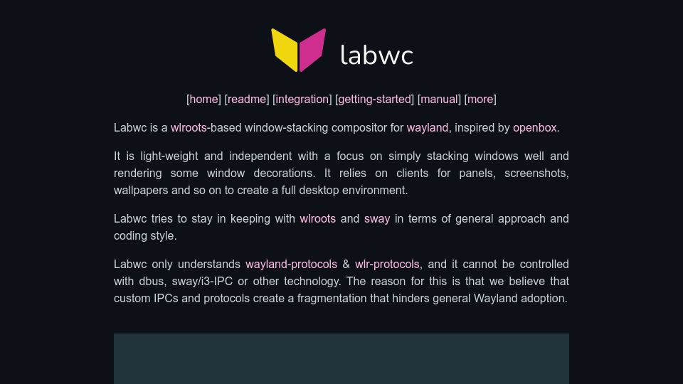Screenshot of labwc.github.io: Labwc: Wlroots-based window-stacking compositor for Wayland, inspired by openbox