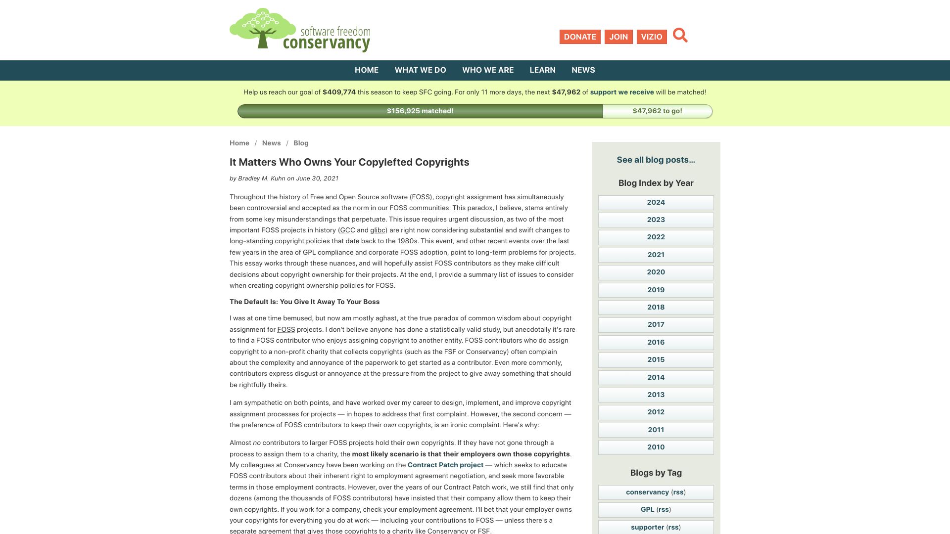 Screenshot of sfconservancy.org: It Matters Who Owns Your Copylefted Copyrights (2021)