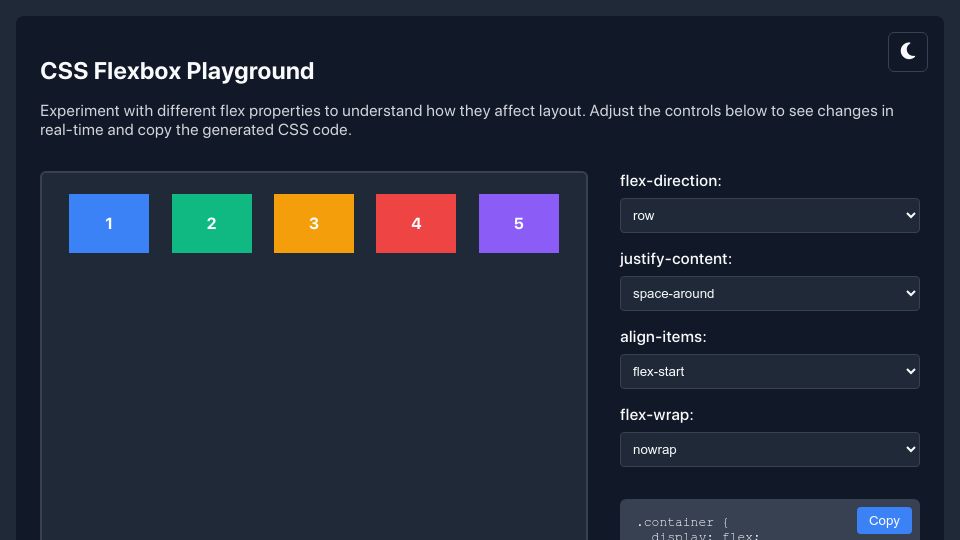 Screenshot of yoavsbg.github.io: Show HN: Struggle with CSS Flexbox? This Playground Is for You