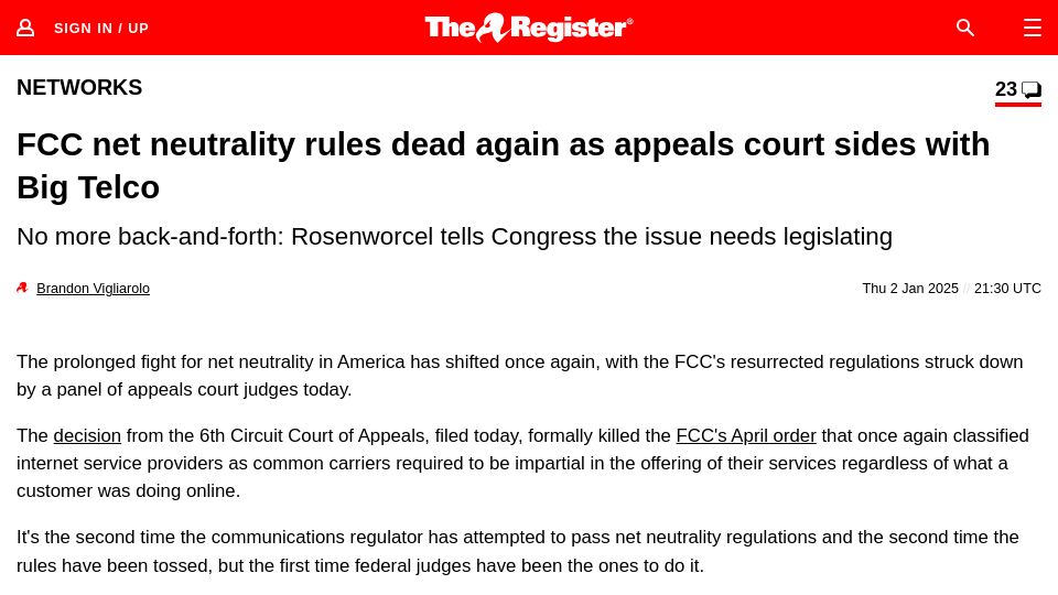 Screenshot of theregister.com: FCC net neutrality rules dead again as appeals court sides with Big Telco