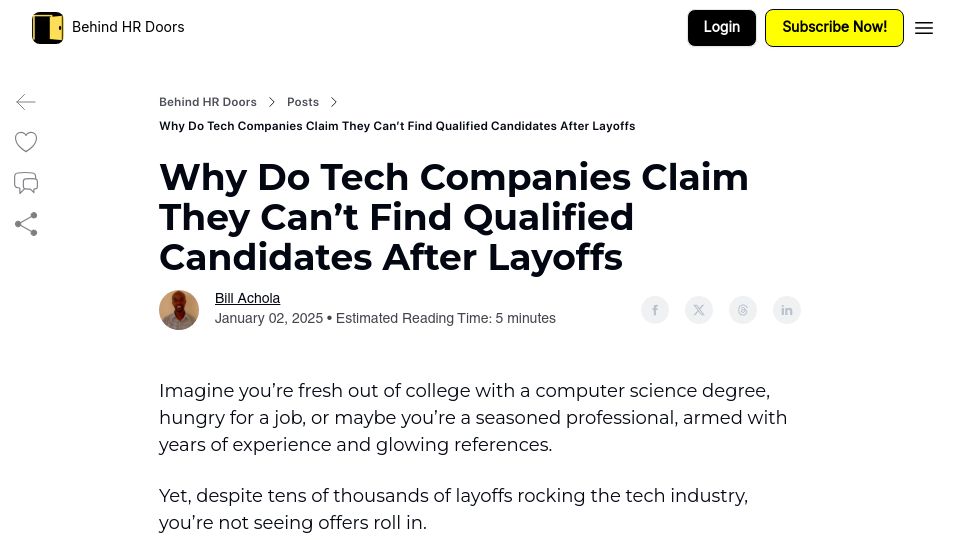 Screenshot of behindhrdoors.com: After Layoffs, Why Do Tech Firms Still Claim Talent Shortages?