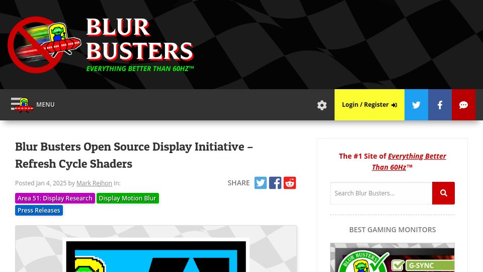 Screenshot of blurbusters.com: Blur Busters Open Source Display Initiative – Refresh Cycle Shaders