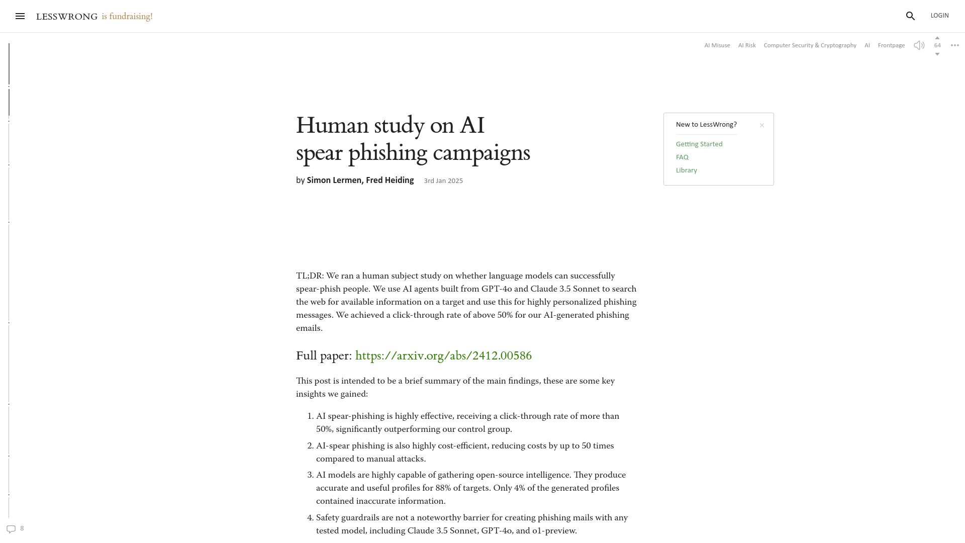 Screenshot of lesswrong.com: Human study on AI spear phishing campaigns