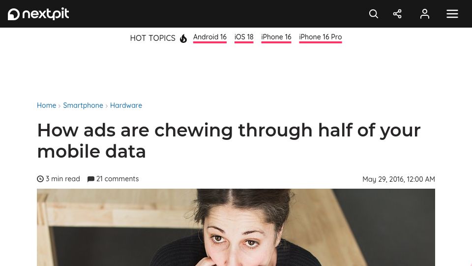 Screenshot of nextpit.com: Ads chew through half of mobile data