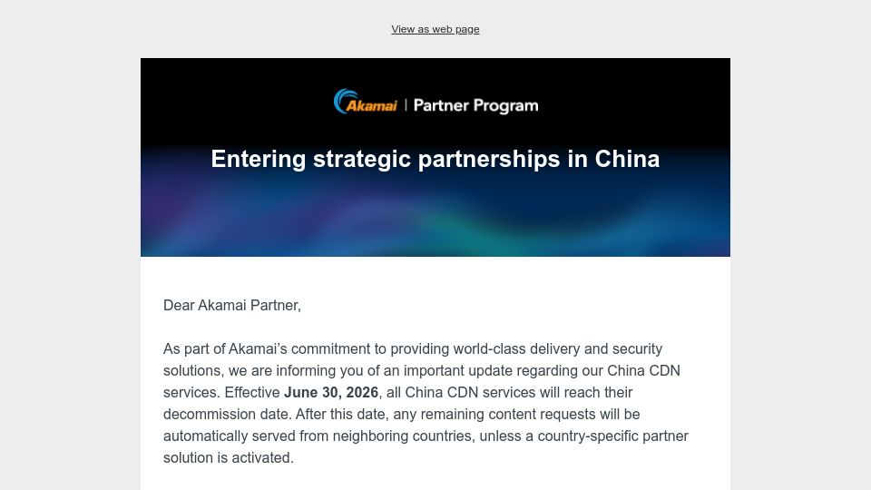 Screenshot of content.akamai.com: Akamai to shut down its CDN operations in China
