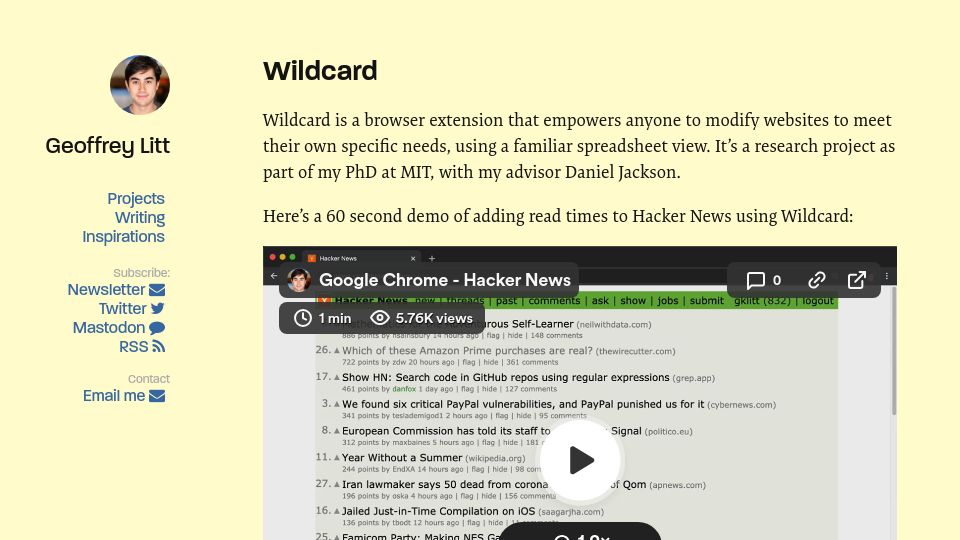 Screenshot of geoffreylitt.com: Wildcard: Customize HN using a spreadsheet view
