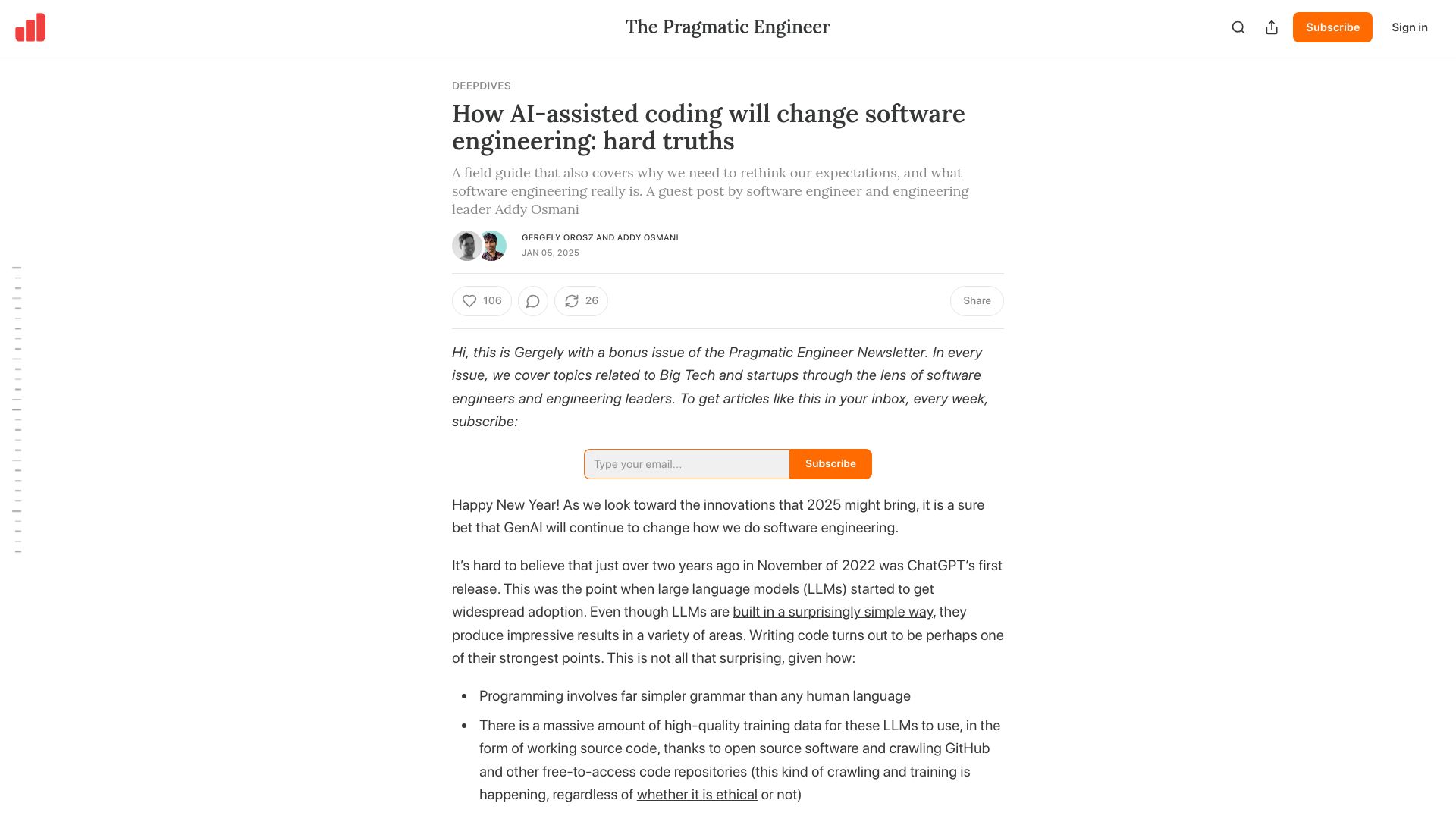Screenshot of newsletter.pragmaticengineer.com: AI-assisted coding will change software engineering: hard truths