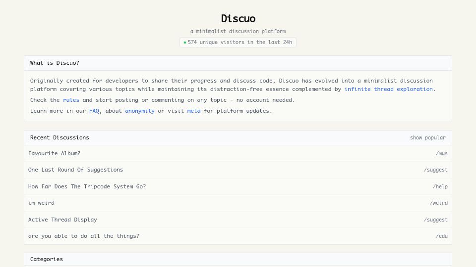 Screenshot of discuo.com: Show HN: Discuo – Anonymous discussions with infinite branching and 24h lifespan