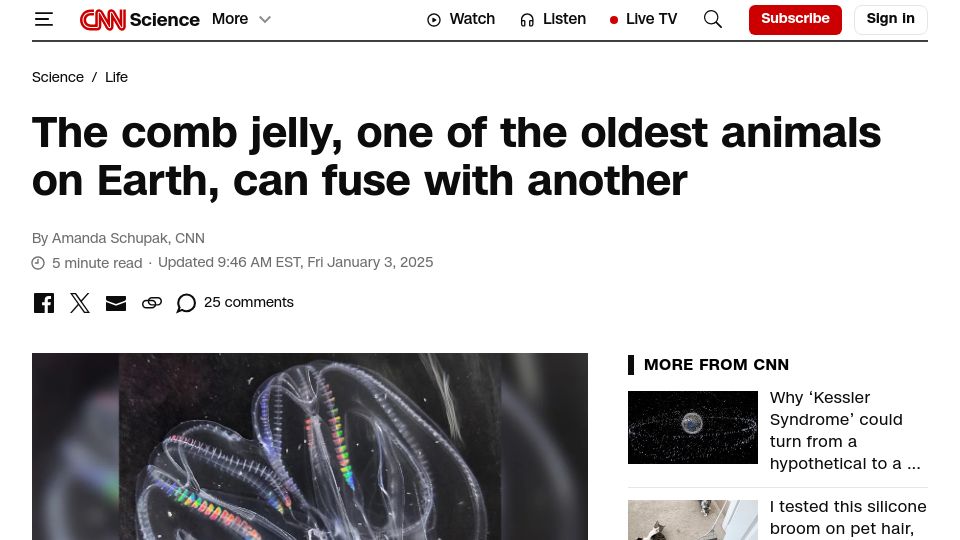 Screenshot of cnn.com: The comb jelly can fuse with another (including nervous and digestive systems)