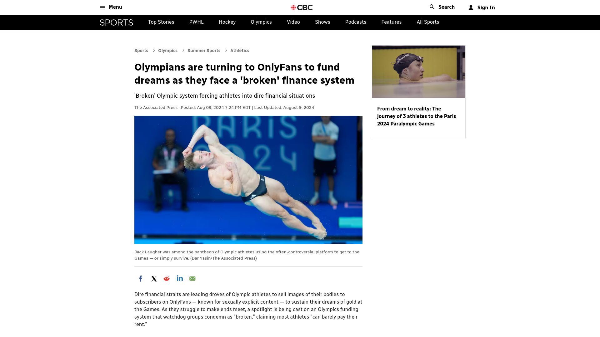 Screenshot of cbc.ca: Olympians turn to OnlyFans to fund dreams due to 'broken' finance system (2024)