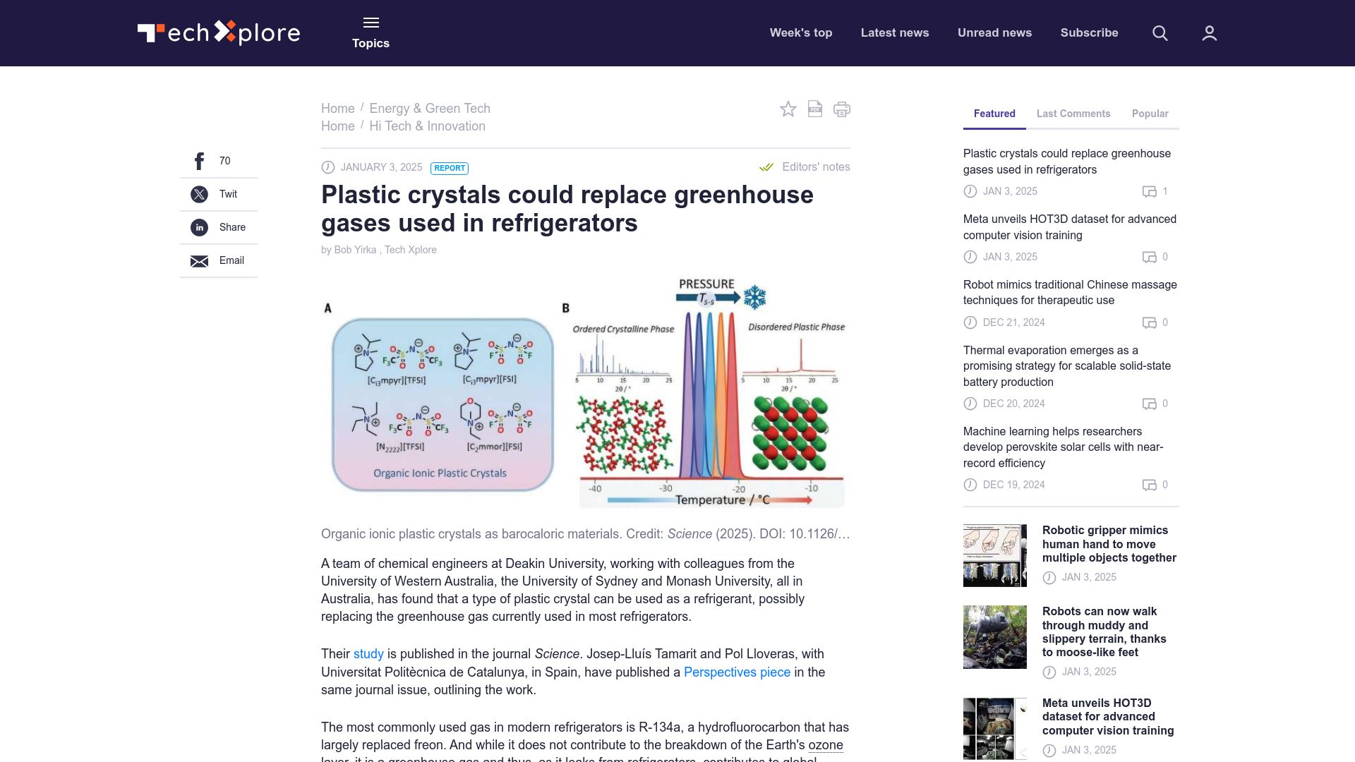 Screenshot of techxplore.com: Plastic crystals could replace greenhouse gases used in refrigerators